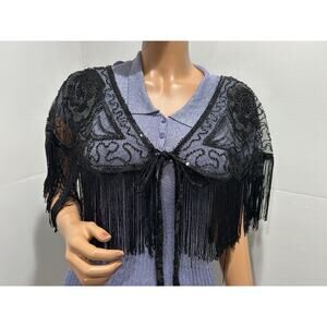 Black Embroidered Scarf Shawl Tie Closing And Fringe Edge